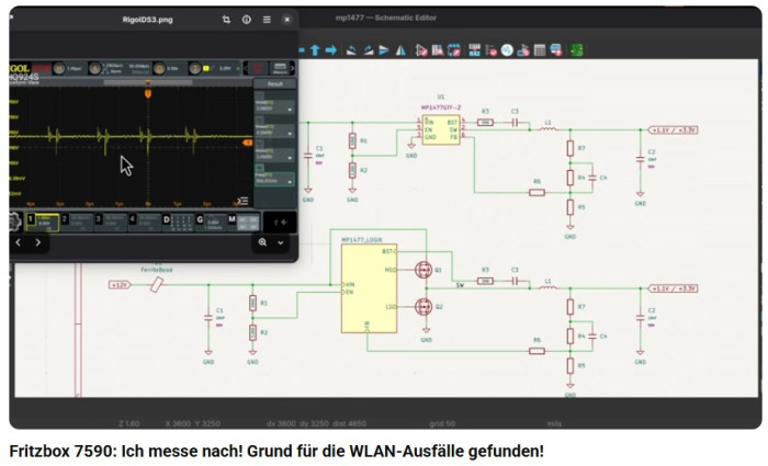 Schaltplan und Spannung am Eingang des MP1477-Spannungswandlers (Bild: Youtube, Screenshot: Günter Born)